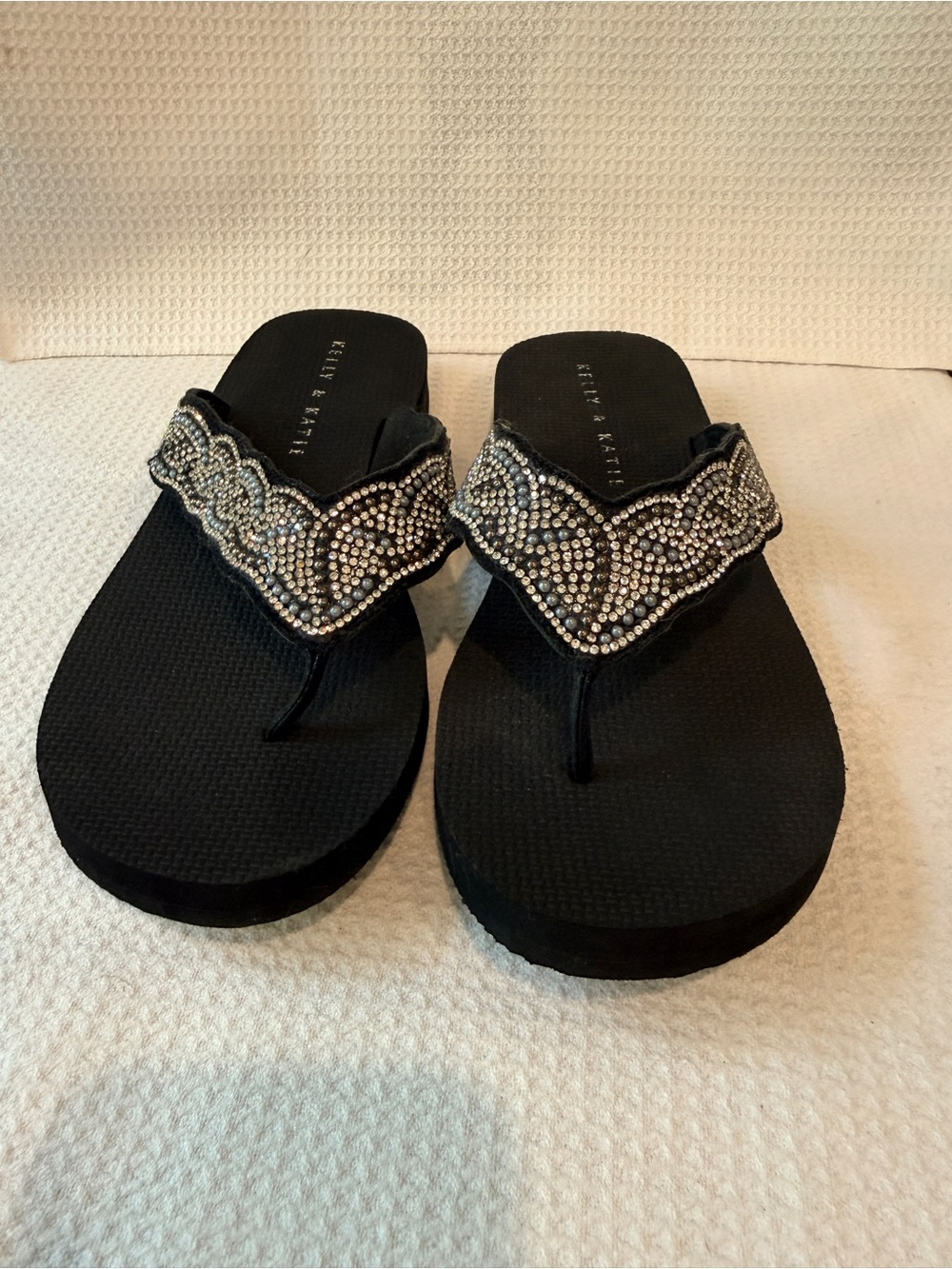 Kelly & Katie Black Rhinestone V-strap Flip Flops